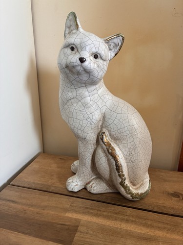 Cat statue ceramic white raku - white,