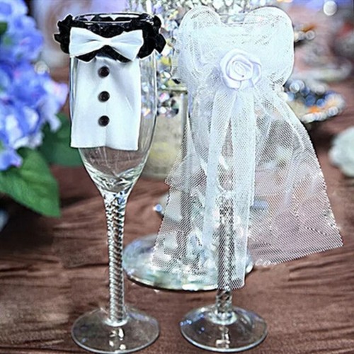 Bride and groom - dress, wine