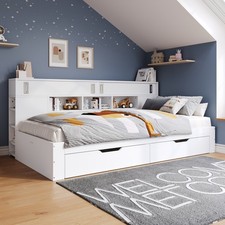 4ft6 Double Bed with 2 Storage Drawers & Bookcase, Wooden Bed Frame, White