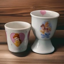 2 VTG Disney ceramic egg cup with 4 princesses Belle Aurora Cinderella & S white