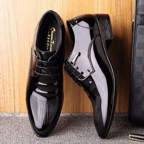 Mens black patent - black, leather