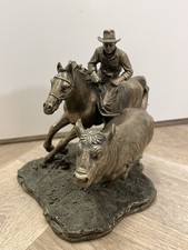 Vintage Bronze Tone Sculpture Figure Cowboy On Horseback Herding Western