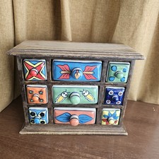 Wooden Storage Box Chest Colorful Ceramic Drawers Jewelry Tea Spice Boho Indian 