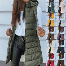 UK Ladies Winter Warmer Hooded Quilted Waistcoat Gilet Zip Up Long Pocket Jacket