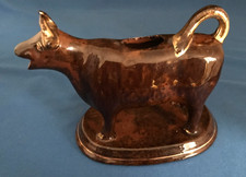 Victorian Brown & Gilt Jackfield Cow Creamer (Staffordshire, England)