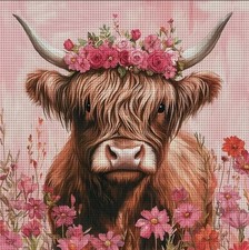 PINK FLOWER HIGHLAND COW