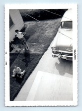 Old Vintage Photo WOMAN BABY IN STROLLER CADILLAC CLASSIC CAR 1956 SNAPSHOT