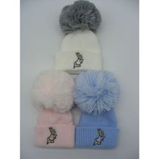 NEWBORN BABY BOBBLE  HAT PINK WHITE BLUE PETER RABBIT KNITTED POM POM HAT 0-12M