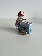 Vintage Wind Up Tin Toy Ice Cream Vendor On Tricycle In Working Condition