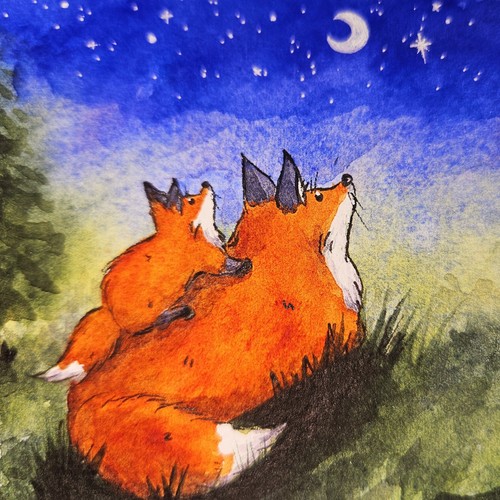 Fox moon star watercolour - fox,