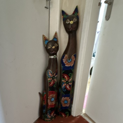Pair hand painted wooden cat - hand,