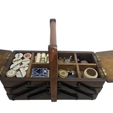 Wooden 3 Tier Cantilever Sewing box With Contents Cotton Reals Many Items 13"x5"