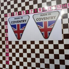 2 x Small Made in Coventry Silver Sticker - Jaguar Triumph Sunbeam Hillman