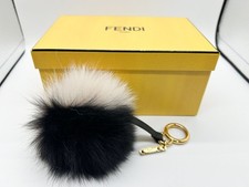 FENDI Fox Fur Charm Keychain Key Ring Black White Gold Leather W/Box Authentic