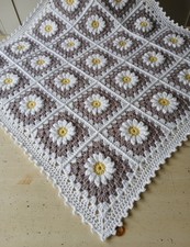 New handmade daisy crochet flower baby blanket in taupe and white