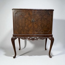 Antique Burr Walnut Cocktail Drinks Cabinet On Queen Anne Legs 1920s promo 2