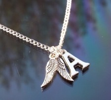 Guardian Angel Wings Initial Necklace with Silver Plated Chain by Hudegate