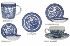 SET OF SIX CHURCHILL BLUE WILLOW CHINA PLATE MUG TEA CUP SAUCER BOWL DINNER