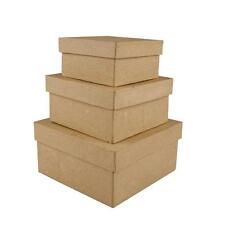 3 Square Shaped Boxes Craft Storage Brown Paper Mache Hand Made 10 x 12.5 x 15cm