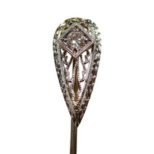 ANTIQUE EDWARDIAN ART DECO SOLID 14K WHITE GOLD FILIGREE DIAMOND LAPEL STICK PIN