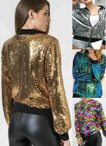 Women sequin glitter bomber - sequin,