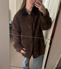 Vintage Made in Spain Real Suede & Shearling Coat Warm Camel Sheepskin Jacket