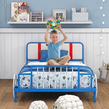 3FT Metal Slat Support Bedstead Kids Single Bed Frame With Padded Headboard