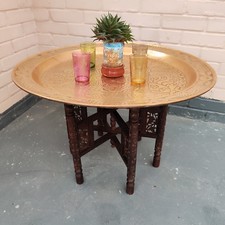 Anglo-Indian Benares Brass Tray Table – Ornate Elephant Motif – Folding Stand 