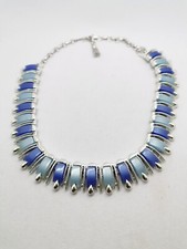 Vintage Coro Signed Silver Tone Blue Enamel Bib Necklace
