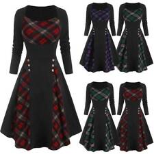 Womens Plaid Check Skater Dress Steampunk Gothic Party Swing Midi Dress Costume