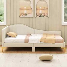Single Size Upholstered Daybed Sofa Bed Frame Adjustable Foot Pads-Beige