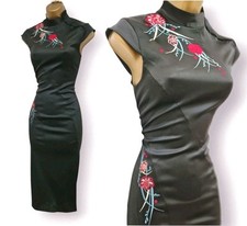 Karen Millen Vintage Black Silky Embroidered Floral Oriental Wiggle Dress UK 10