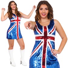 LADIES UNION JACK SEQUIN DRESS VE DAY PARTY GREAT BRITAIN COSTUME FANCY DRESS