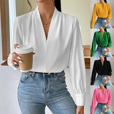Ladies Satin Silk Long Sleeve Tee Shirts OL Work V-Neck Casual Loose Blouse Tops