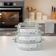 Set Of 3 Glass Casserole Dishes With Lid Oven Proof With Handles 0.8/1.2/1.5 Ltr
