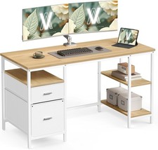 Computer Desk, Work Desk with Storage, 3 Shelves, 2 Drawers, 60 x 140 x 76 cm,