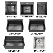 Stainless Steel Drop In Kitchen Bar Sink Single Bowl Top-Mount Black & Silver