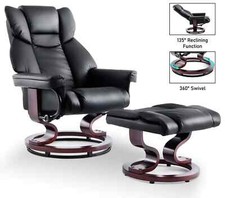 Leather Recliner Chair Armchair Lounge Sofa Swivel Chair W/ Foot Stool Wood Base