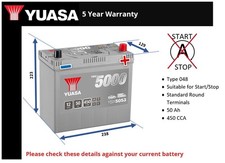 Battery fits MAZDA MX5 1.5 1.6 1.8 2.0 Yuasa 048 450A 50Ah 5Yr Warranty