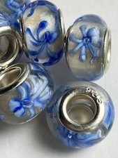925 Sterling Silver Retro Slide Charm Murano Glass Bubble Bead Blue White Flower