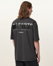 All Saints Mens Oversized Redact Washed Black T-Shirt Embroidered Logo Loose Tee
