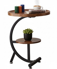 Modern Round Walnut Side Table Solid Wood & Steel Frame Coffee End Table