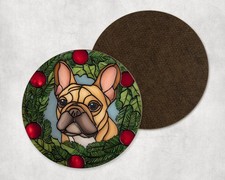 French Bulldog Christmas Wreath Stained Glass Round Coaster Tea Coffee Present