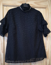 Religion Ladies Top Blouse Sheer Black with dots.Sz L/14. High collar studs.