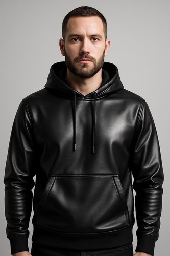 Men black leather - black, hoodie