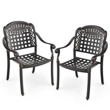 Set of 2 Cast Aluminum Patio Chairs Stackable Outdoor Dining Chairs with Armrest