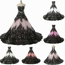 Gothic Black Wedding Dresses Strapless Backless Lace Appliques Bridal Gown Train