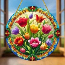 Colourful Tulips Flowers Red Yellow Vibrant Suncatcher Stained Glass Effect Gift