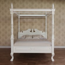 Antique White Solid Mahogany Hand Carved Queen Anne Four Poster Canopy Bed B021P