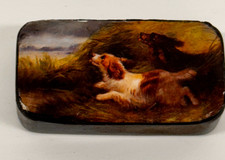 Antique Papier Mache Snuff Box  Dog  Spaniel Victorian 19th century